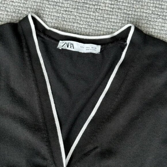 Zara Black Cardigan Pearl Button Down White Trim L - Picture 2 of 8